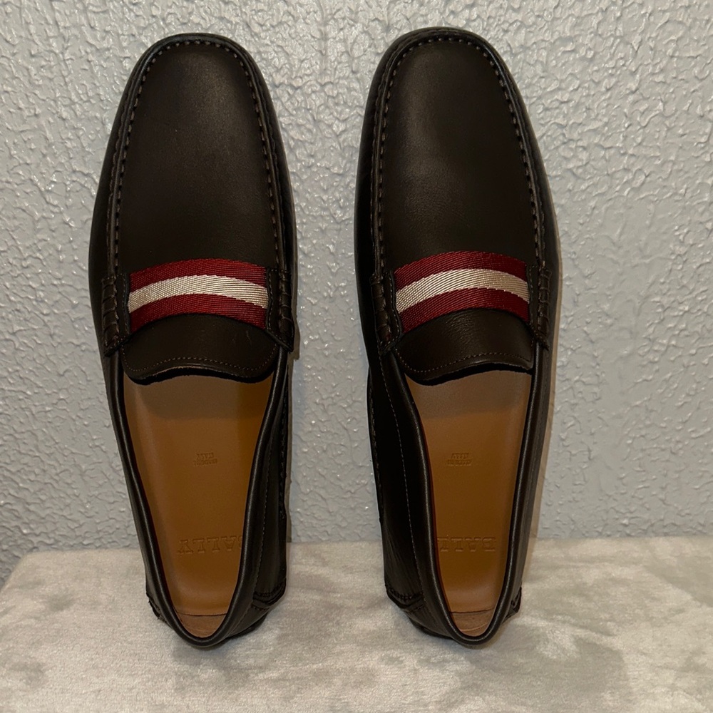 Bally Dark Brown Loafers with Red and White Stripes